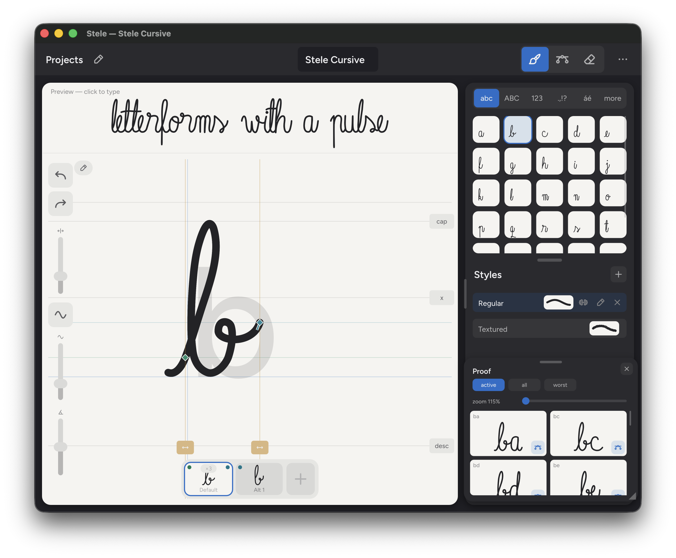 The Stele editor. A hand-drawn cursive letter b is being edited on the canvas, with the line “letterforms with a pulse” typed in the live font preview above, a glyph grid and Styles list on the right, and a proof panel showing letter-pair connections.